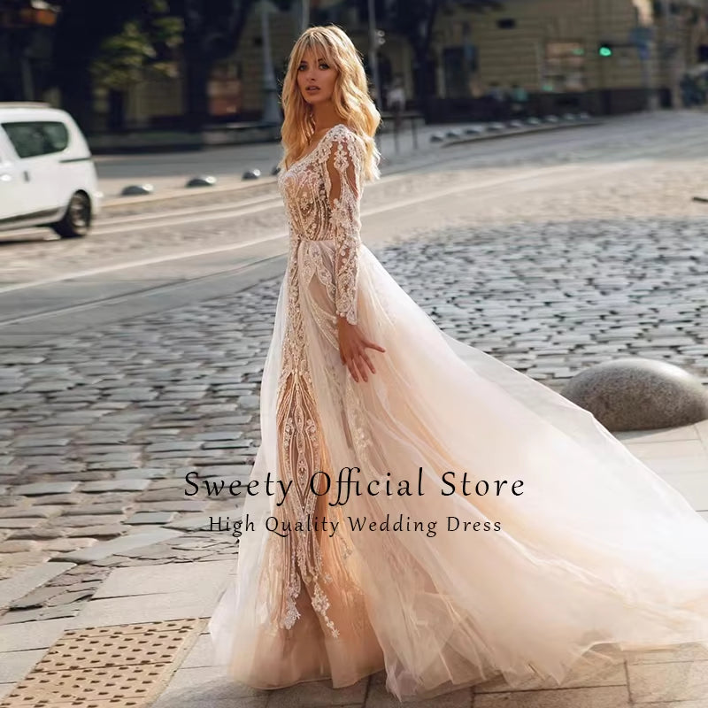 Luxurious Detachable 2 in 1 Wedding Dress Beading Embroidery Train Mermaid O-Neck Fullsleeve Vintage Vestido De Novia Customized