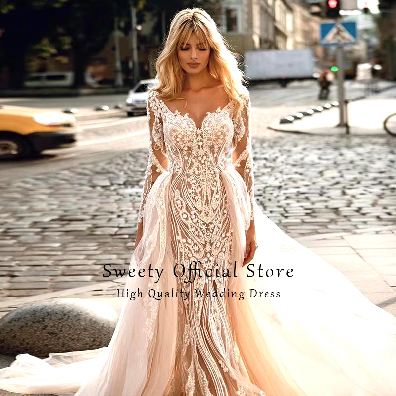 Luxurious Detachable 2 in 1 Wedding Dress Beading Embroidery Train Mermaid O-Neck Fullsleeve Vintage Vestido De Novia Customized