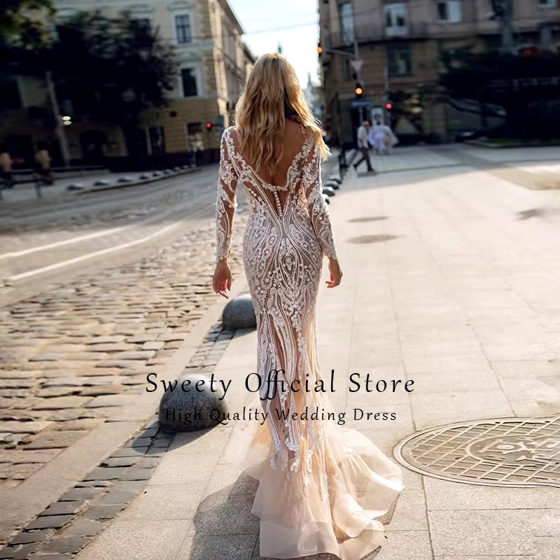 Luxurious Detachable 2 in 1 Wedding Dress Beading Embroidery Train Mermaid O-Neck Fullsleeve Vintage Vestido De Novia Customized