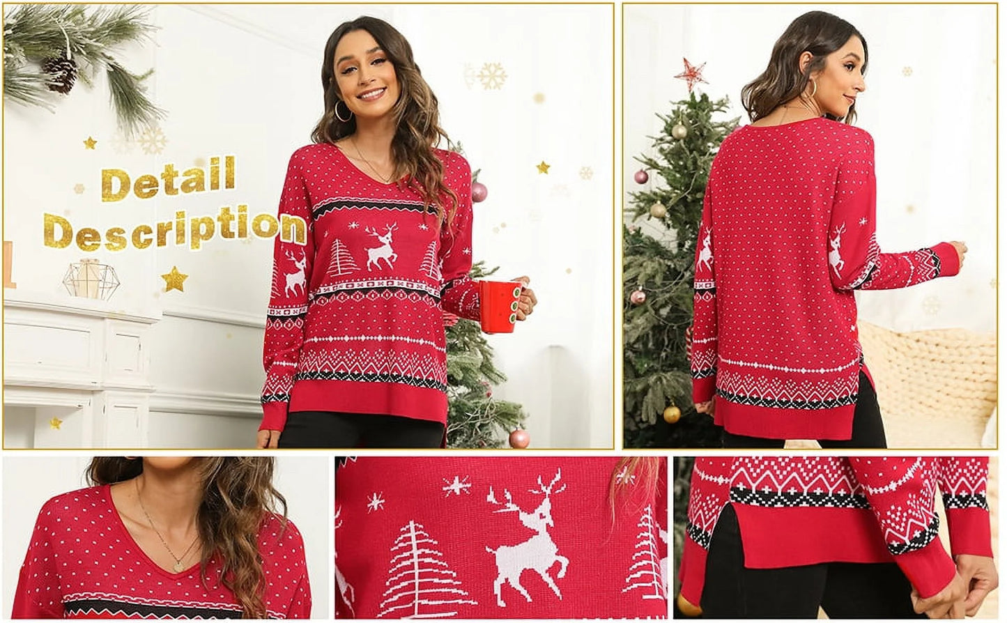 V Neck Christmas Ugly Sweater for Women Knit Pullover Christmas Sweaters,Us Size Medium in Christma Wine Red