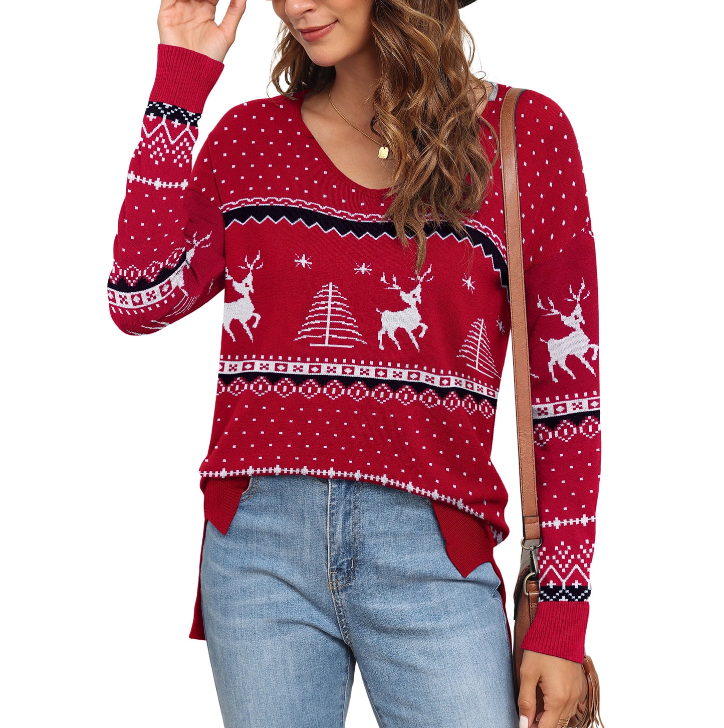 V Neck Christmas Ugly Sweater for Women Knit Pullover Christmas Sweaters,Us Size Medium in Christma Wine Red