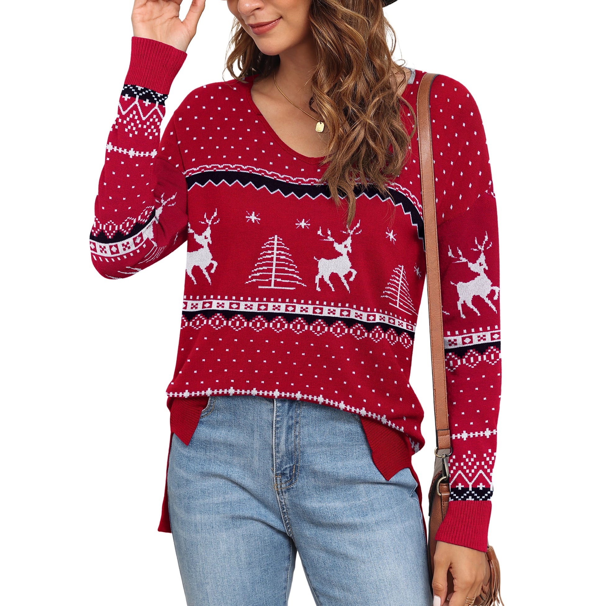 V Neck Christmas Ugly Sweater for Women Knit Pullover Christmas Sweaters,Us Size Medium in Christma Wine Red