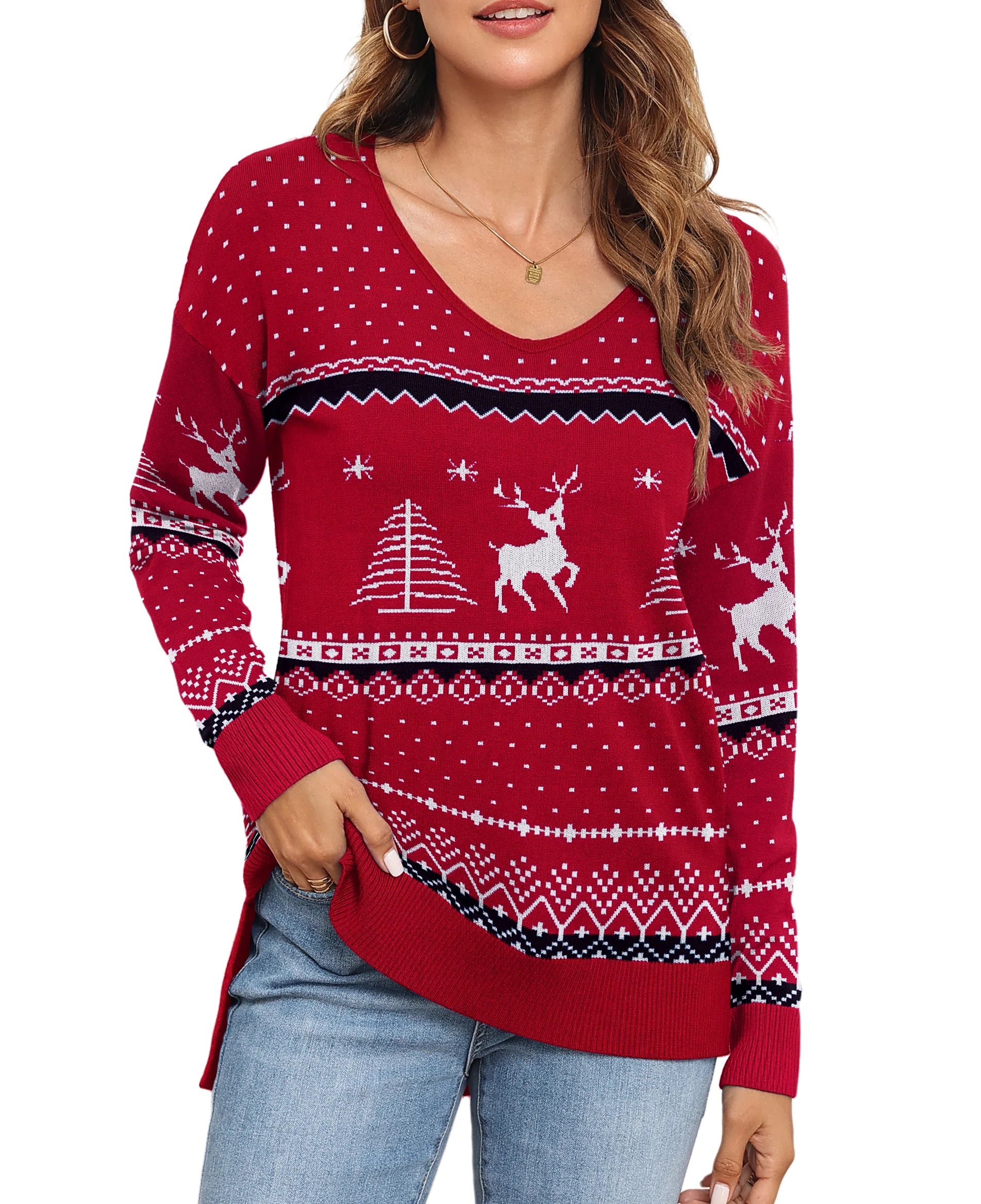 V Neck Christmas Ugly Sweater for Women Knit Pullover Christmas Sweaters,Us Size Medium in Christma Wine Red