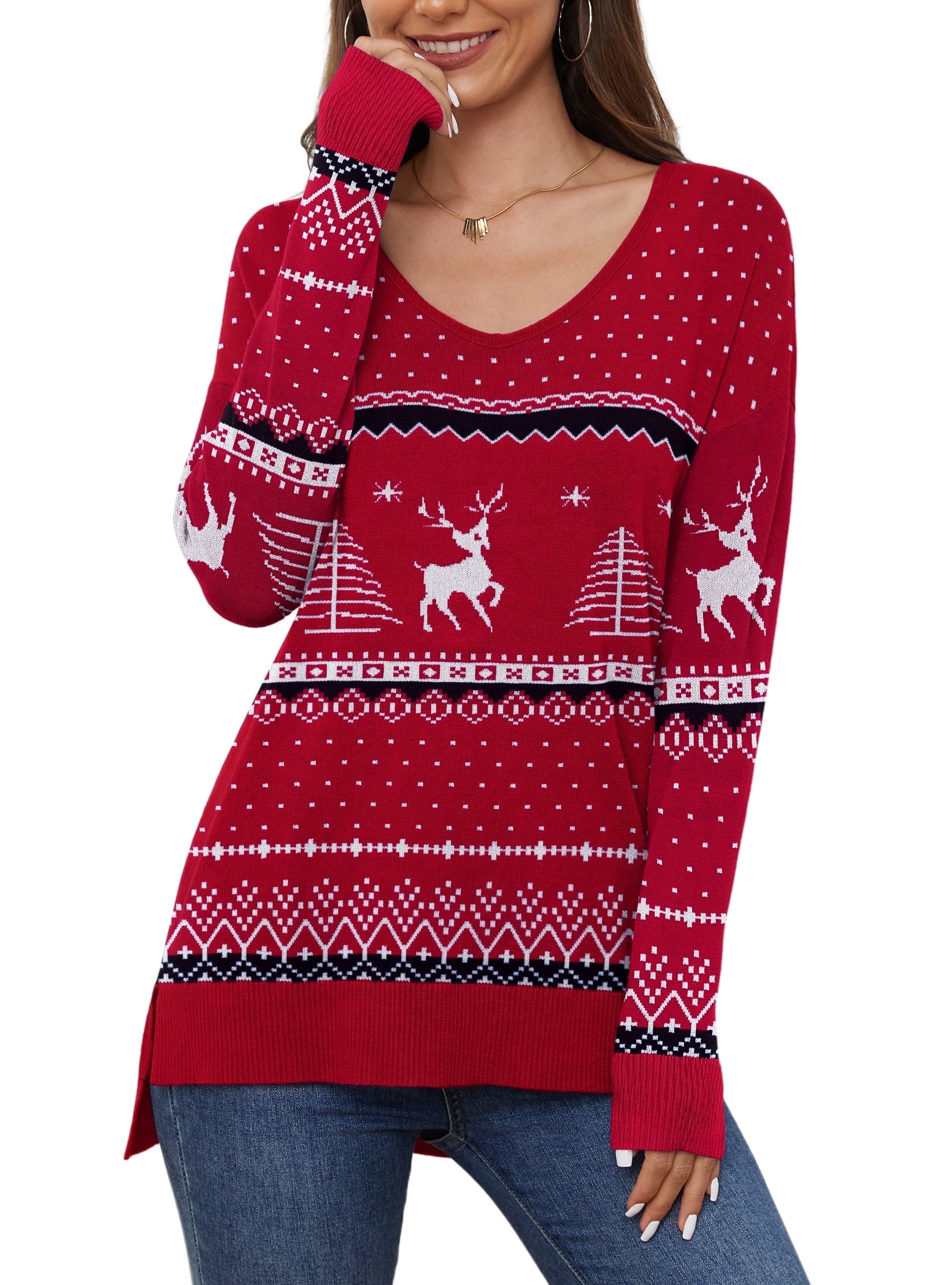 V Neck Christmas Ugly Sweater for Women Knit Pullover Christmas Sweaters,Us Size Medium in Christma Wine Red