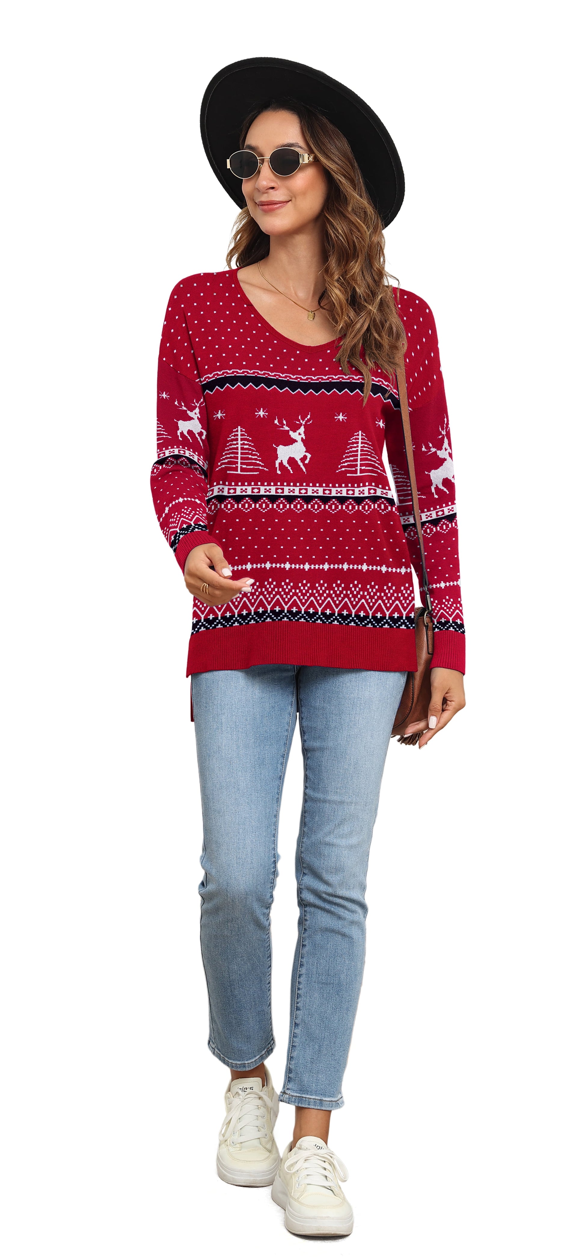 V Neck Christmas Ugly Sweater for Women Knit Pullover Christmas Sweaters,Us Size Medium in Christma Wine Red