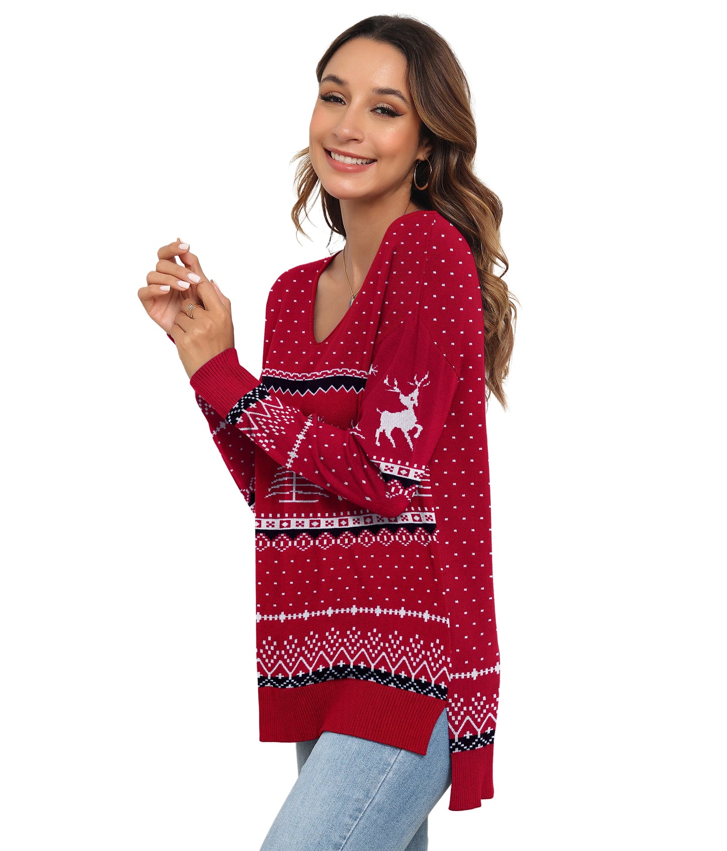 V Neck Christmas Ugly Sweater for Women Knit Pullover Christmas Sweaters,Us Size Medium in Christma Wine Red