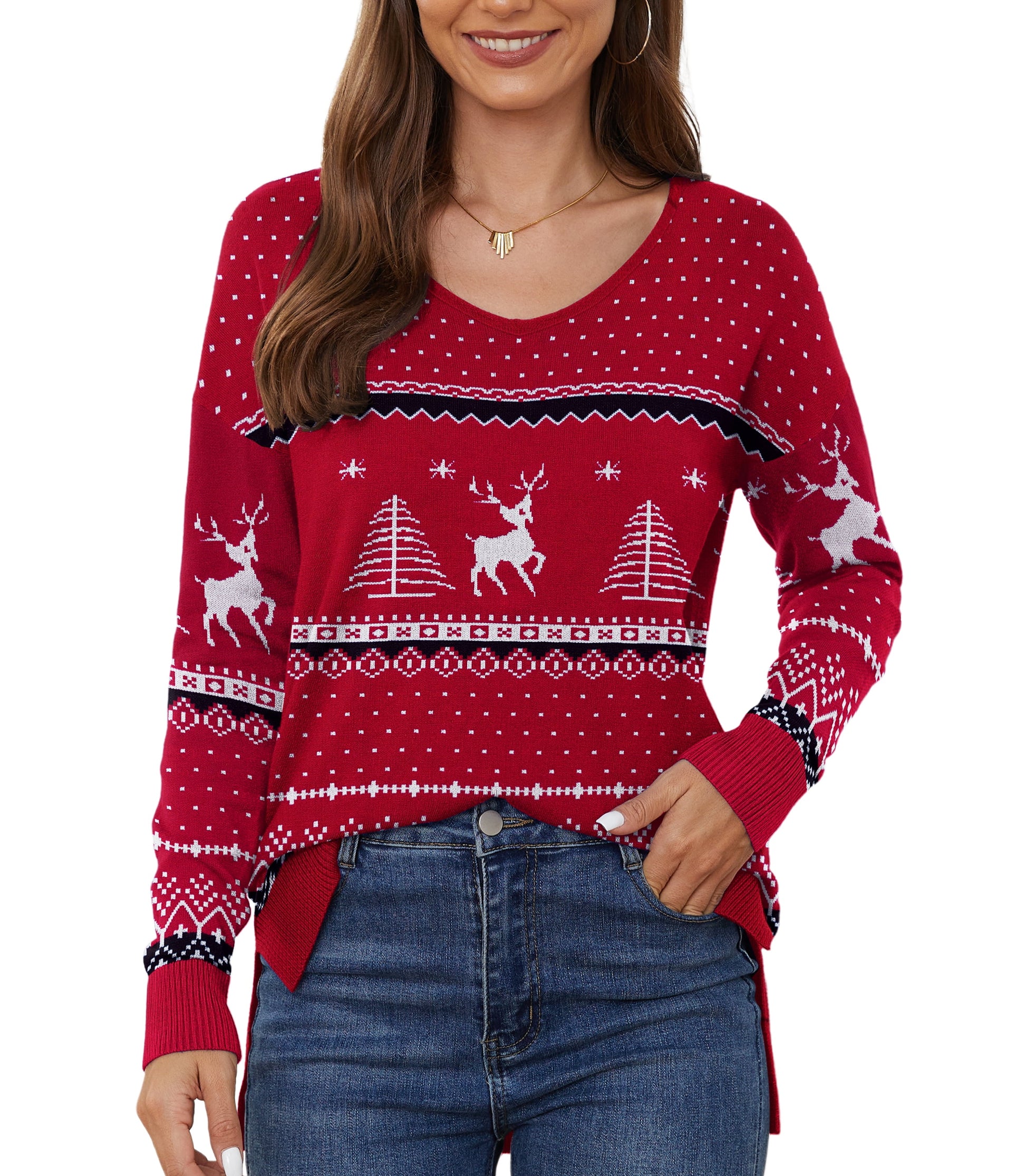 V Neck Christmas Ugly Sweater for Women Knit Pullover Christmas Sweaters,Us Size Medium in Christma Wine Red